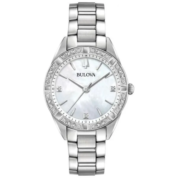 Bulova MOP dial w/3 diamonds in a SS case w/16 diamonds wrist watch Bryan Jewelry Prattville, AL
