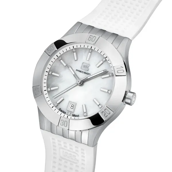 Glock swiss mvmt MOP dial 36mm silver steel case w/white silicone strap water resist to 100m Image 2 Bryan Jewelry Prattville, AL