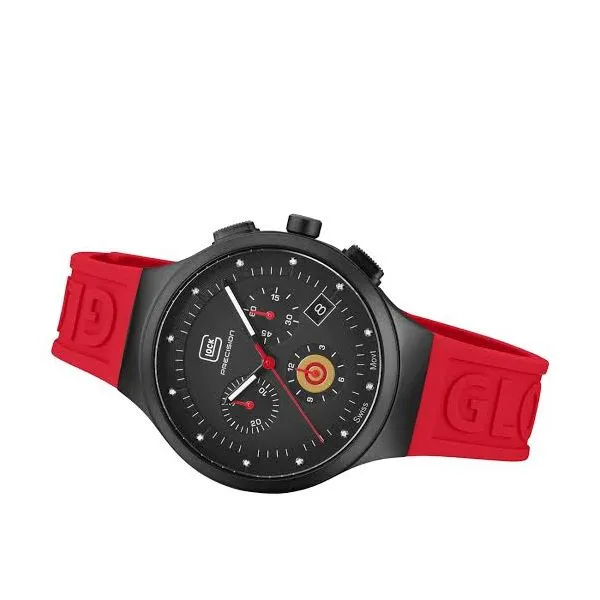Glock swiss chronograph w/12 diamonds 38mm black steel case w/red slicone strap water resist to 100m Image 2 Bryan Jewelry Prattville, AL