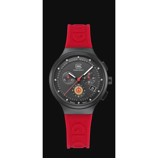 Glock swiss chronograph w/12 diamonds 38mm black steel case w/red slicone strap water resist to 100m Image 3 Bryan Jewelry Prattville, AL