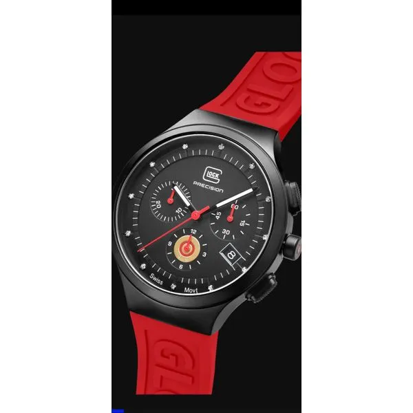 Glock swiss chronograph w/12 diamonds 38mm black steel case w/red slicone strap water resist to 100m Image 4 Bryan Jewelry Prattville, AL