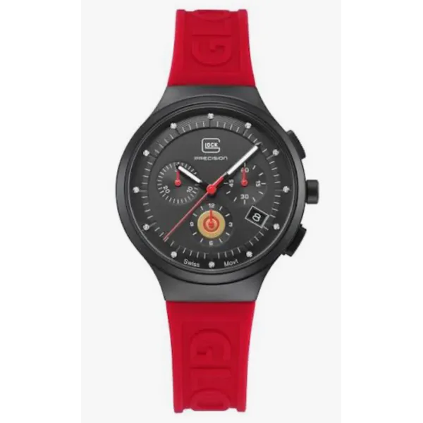 Glock swiss chronograph w/12 diamonds 38mm black steel case w/red slicone strap water resist to 100m Bryan Jewelry Prattville, AL