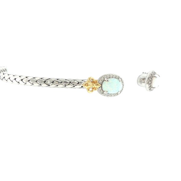 Sterling Silver L'Opal Created Oval Opal and Cubic Zirconia Fleur De Lis Cuff Bracelet Inner Circumference 6.75