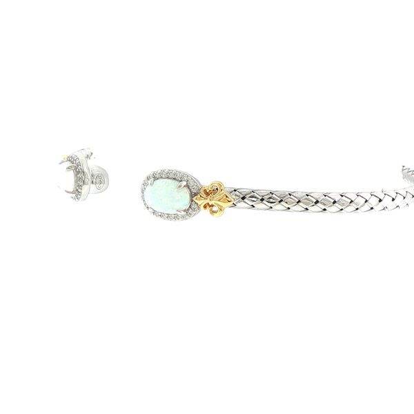 Sterling Silver L'Opal Created Oval Opal and Cubic Zirconia Fleur De Lis Cuff Bracelet Inner Circumference 6.75