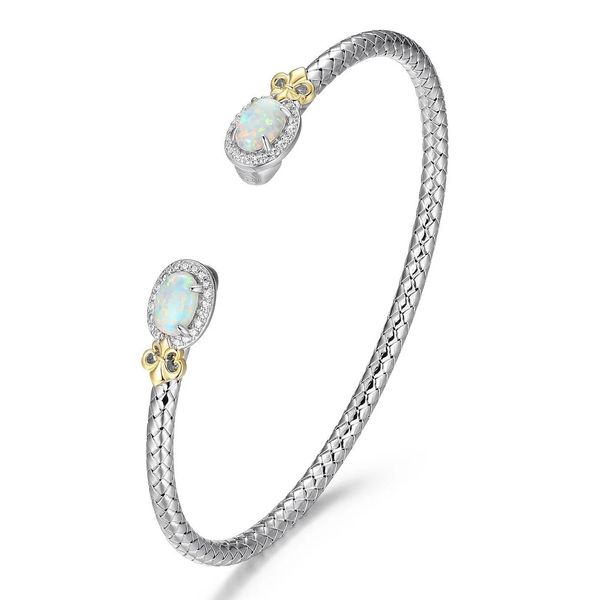 Sterling Silver L'Opal Created Oval Opal and Cubic Zirconia Fleur De Lis Cuff Bracelet Inner Circumference 6.75