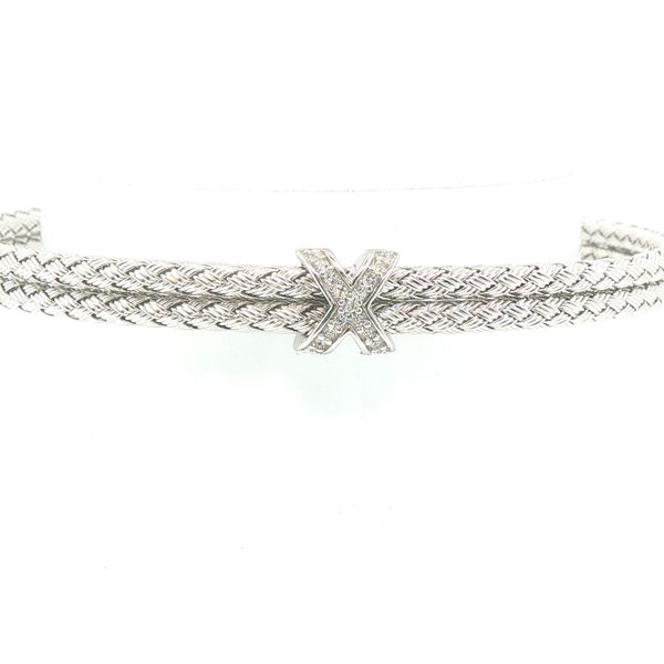 Sterling Silver Basketweave Double Cable Cuff Bracelet with Simulated Diamonds Image 5 Bryan Jewelry Prattville, AL