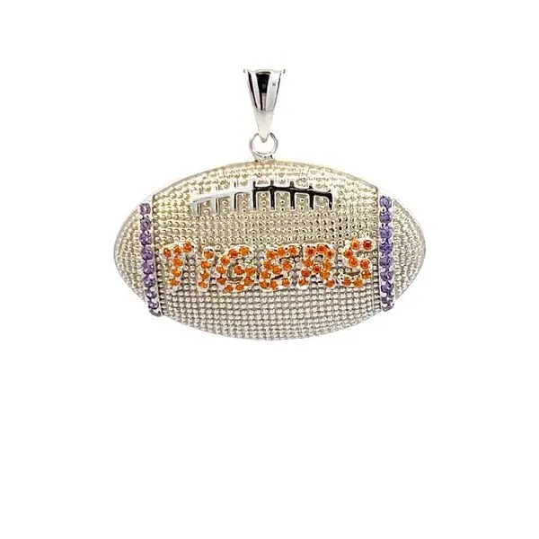 Sterling silver football with 'Tigers' in orange stones Bryan Jewelry Prattville, AL