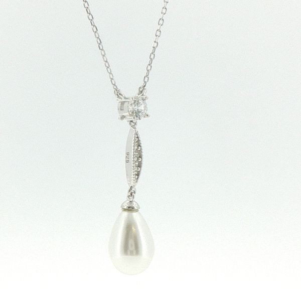 Platinum Finished Simulated Pearl & CZ Drop Necklace Image 2 Bryan Jewelry Prattville, AL