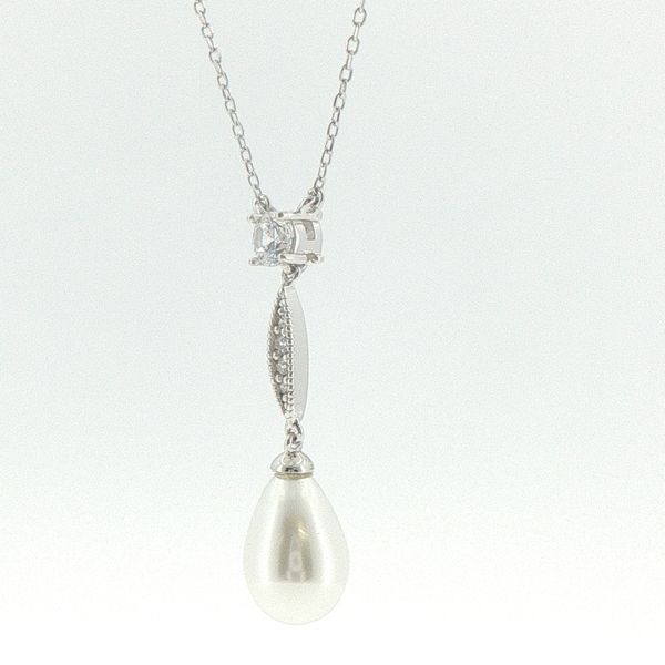 Platinum Finished Simulated Pearl & CZ Drop Necklace Image 3 Bryan Jewelry Prattville, AL