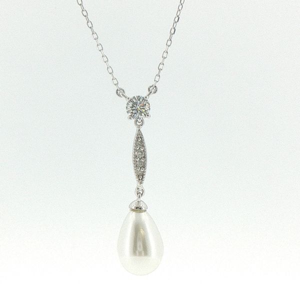 Platinum Finished Simulated Pearl & CZ Drop Necklace Bryan Jewelry Prattville, AL
