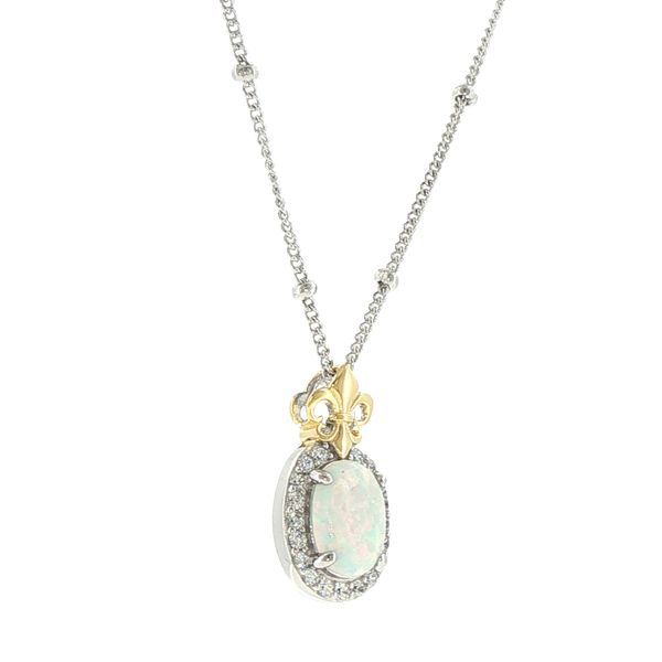 Sterling Silver L'Opal Created Oval Opal and Cubic Zirconia Fleur De Lis Necklace 17