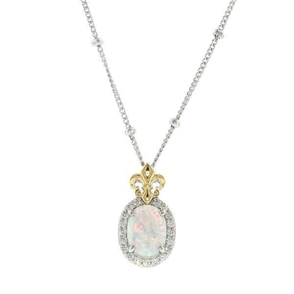 Sterling Silver L'Opal Created Oval Opal and Cubic Zirconia Fleur De Lis Necklace 17