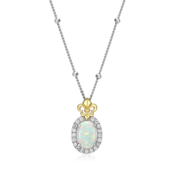 Sterling Silver L'Opal Created Oval Opal and Cubic Zirconia Fleur De Lis Necklace 17