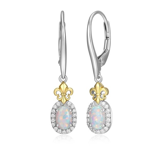 Sterling Silver L'Opal Drop Created Oval Opal and Cubic Zirconia Fleur De Lis Drop Earring Rhodium and Yellow Gold Finish Bryan Jewelry Prattville, AL
