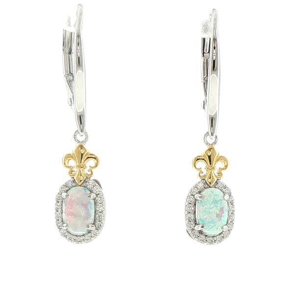 Sterling Silver L'Opal Drop Created Oval Opal and Cubic Zirconia Fleur De Lis Drop Earring Rhodium and Yellow Gold Finish Image 2 Bryan Jewelry Prattville, AL