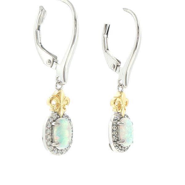 Sterling Silver L'Opal Drop Created Oval Opal and Cubic Zirconia Fleur De Lis Drop Earring Rhodium and Yellow Gold Finish Image 3 Bryan Jewelry Prattville, AL