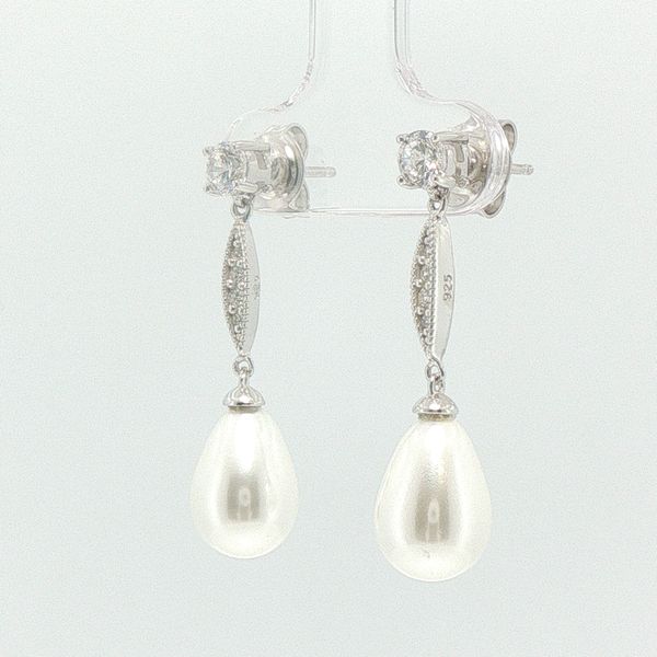 Platinum Finished Sterling Silver CZ and Simulated Pearl Earrings Image 3 Bryan Jewelry Prattville, AL