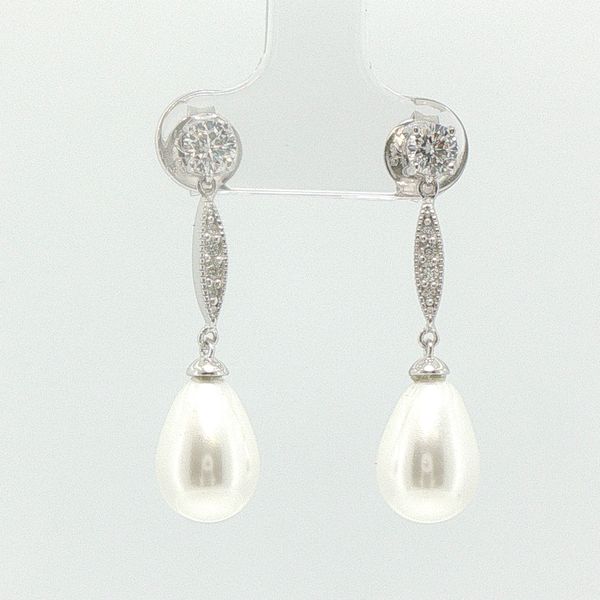 Platinum Finished Sterling Silver CZ and Simulated Pearl Earrings Bryan Jewelry Prattville, AL