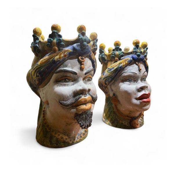 Large Pair of Moorish Heads in Caltagirone Ceramic signed, year of production 1950/1970 Carats Mcallen, TX