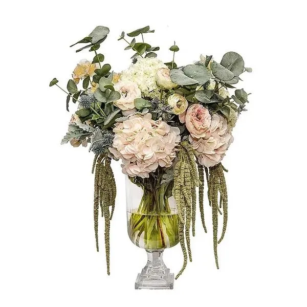 THE IVY GUILD Blush Ranunculas/ Hydrangea in White Gooted Ceramic urn Carats Mcallen, TX