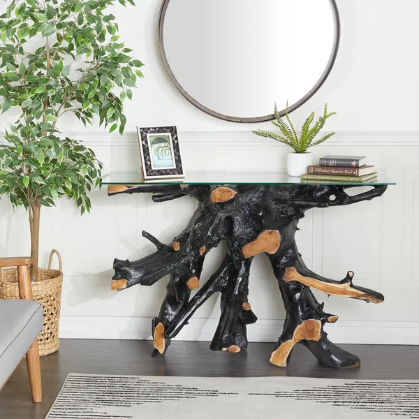 Black Teak Wood Handmade Live Edge Tree Stump Living Room Console Table with Clear Glass Top Carats Mcallen, TX