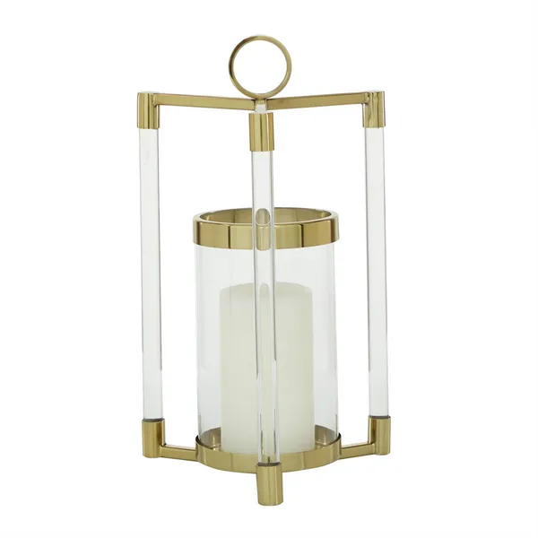 Gold Stainless Steel Metal Decorative Indoor Outdoor Candle Lantern with Acrylic Accents Carats Mcallen, TX