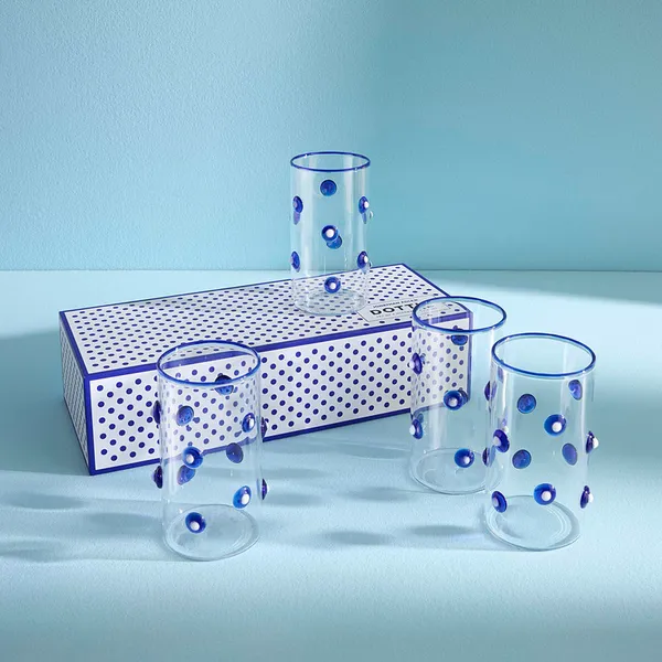Jonathan Adler Boxed Dottie Highball Glasses Blue set of 4 Image 2 Carats Mcallen, TX