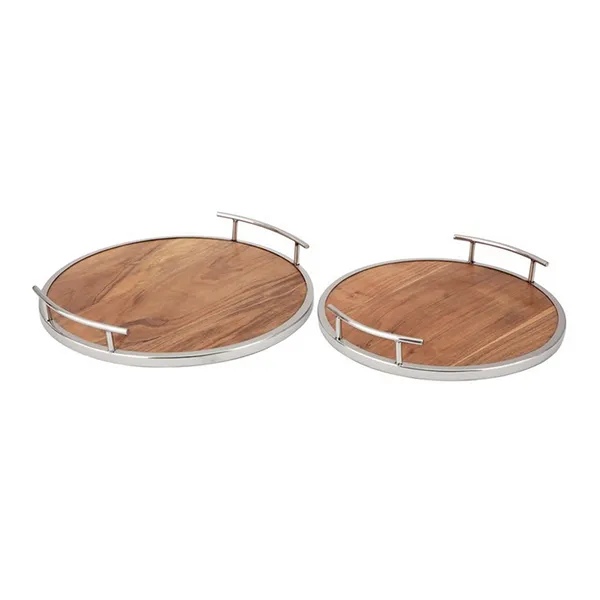 S/2 Sigurd Round Wood and Metal Trays Carats Mcallen, TX