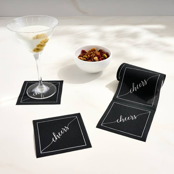 Cotton Cocktail Napkin Roll: Midnight Toast -Silver 