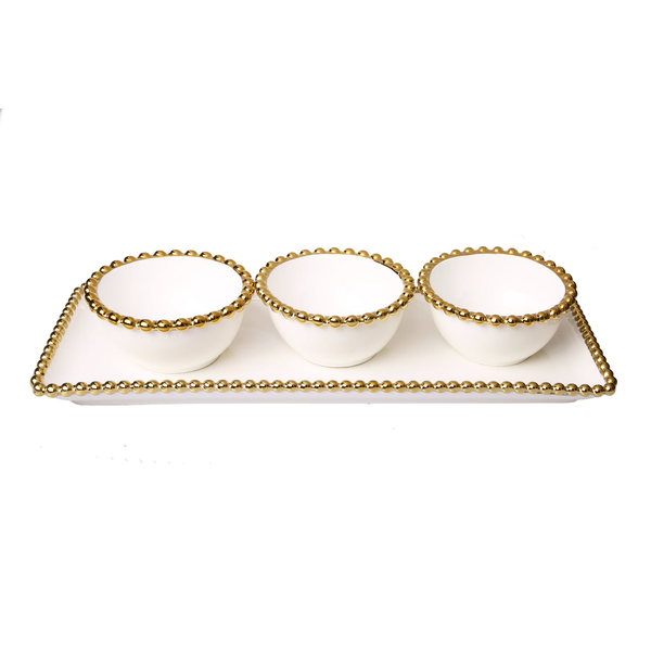 Porcelian White relish dish with 3 round bowls with Gold Beaded Design Carats Mcallen, TX