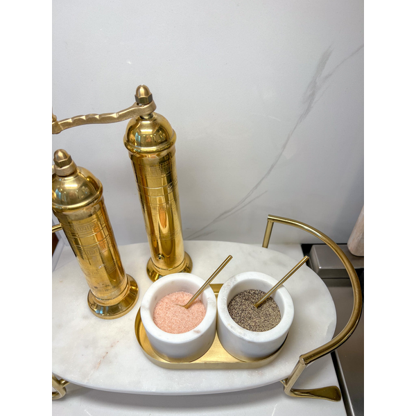 Marble Salt and Pepper Set with Gold Base and Spoons Image 2 Carats Mcallen, TX