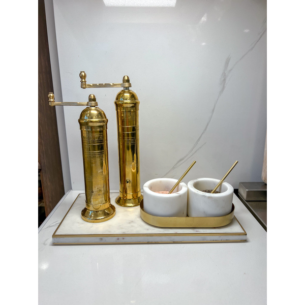 Marble Salt and Pepper Set with Gold Base and Spoons Carats Mcallen, TX