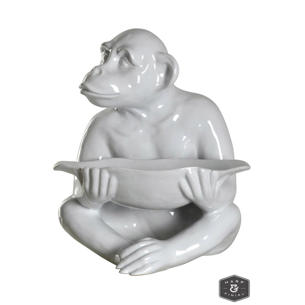 Chimp Tray Statue White Finish on Ceramic Carats Mcallen, TX