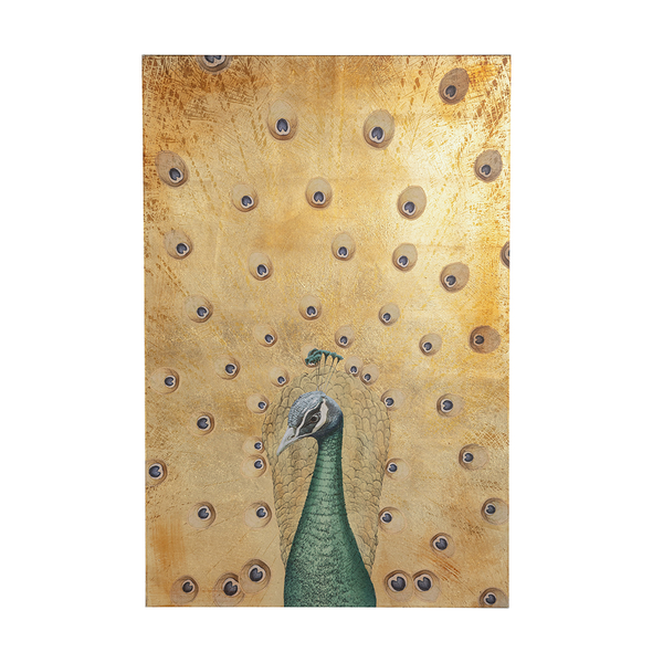 Hand-Painted Peacock Wall Art with Textured Gold Background Carats Mcallen, TX