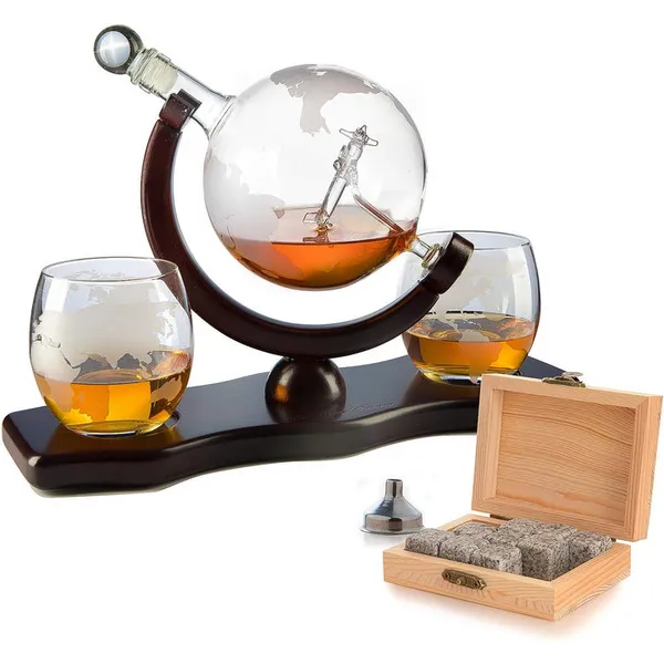 Etched World Decanter Whiskey Globe - Antique Airplane The Wine Savant 850ml, Whiskey Stones and 2 World Map 10 oz Glasses, Pilot Gift Clear Carats Mcallen, TX
