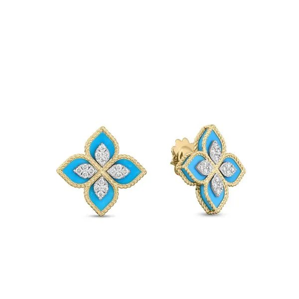 18K Yellow/White Gold Diamond Turquoise Flower Earrings Carats Mcallen, TX