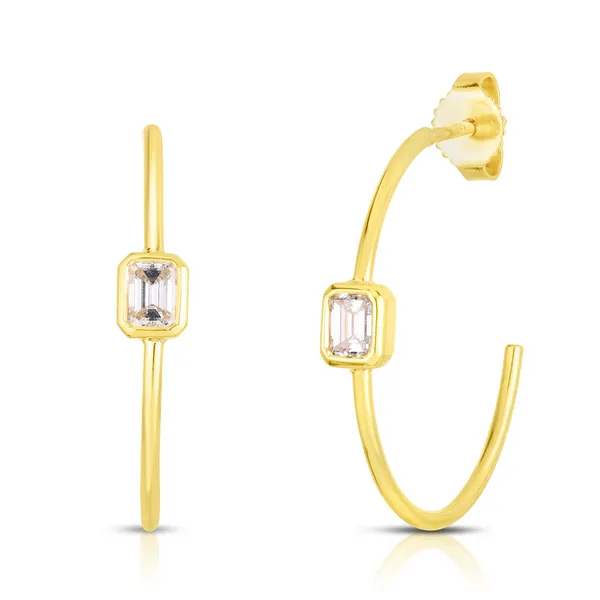 18K Yellow Gold Emerald Cut Diamond 25mm Hoop ER Earrings Carats Mcallen, TX