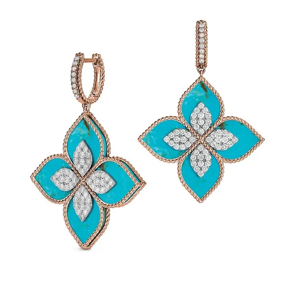 18K Yellow Gold Turquoise and Diamond Flower Drop Earrings Carats Mcallen, TX