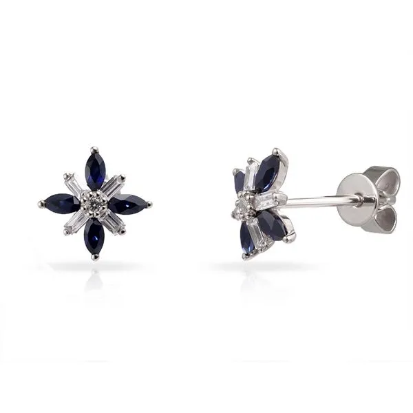 14K White Gold Diamond and Sapphire Flower Earrings Carats Mcallen, TX