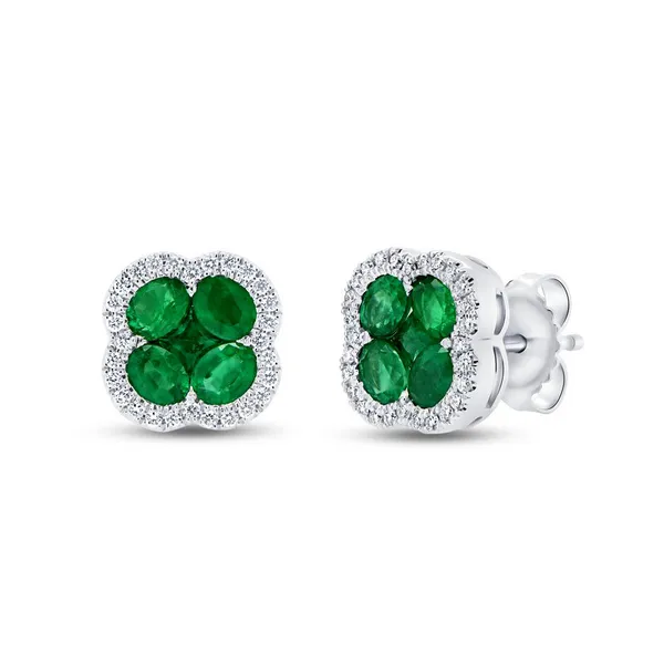 18k White Gold Cttw Emerald And 0.21cttw Diamond Halo Stud Earrings Carats Mcallen, TX