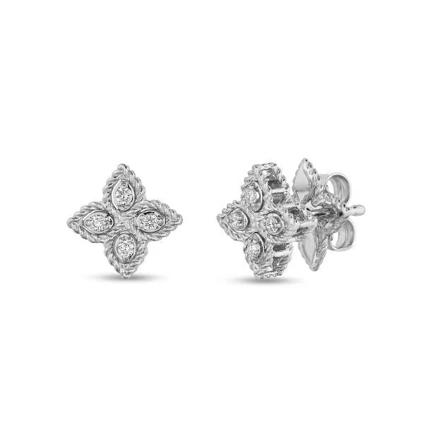 18K WHITE GOLD PRINCESS FLOWER SMALL DIAMOND STUD EARRINGS Carats Mcallen, TX