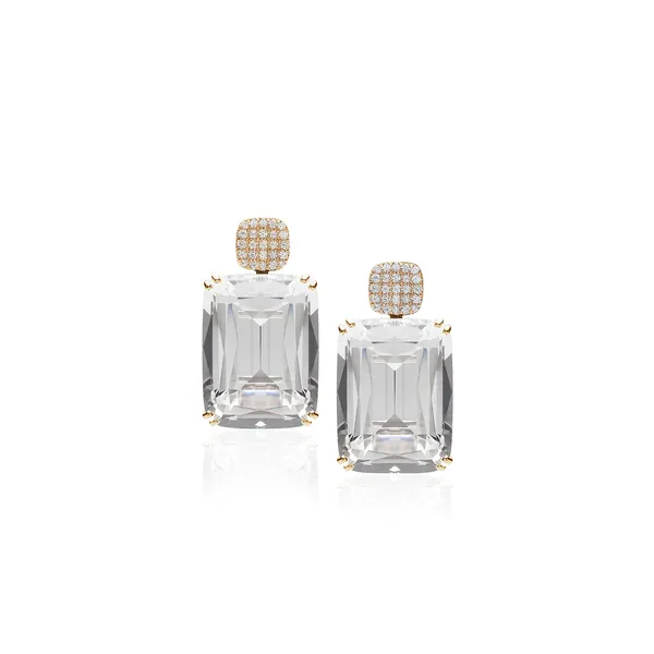 Gossip Rock Crystal Cushion Cut Earrings with Diamond Motif in 18K Yellow Gold Carats Mcallen, TX