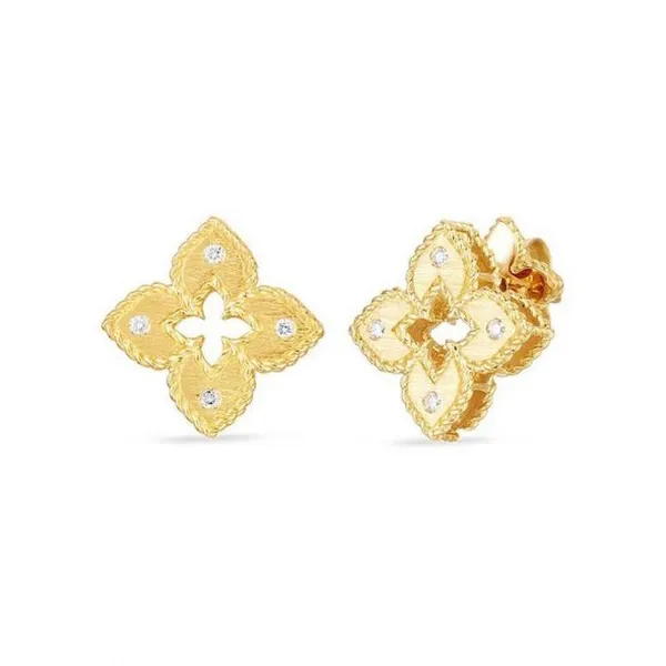 18K GOLD PETITE VENETIAN PRINCESS SATIN & DIAMOND ACCENT FLOWER STUD EARRINGS Carats Mcallen, TX