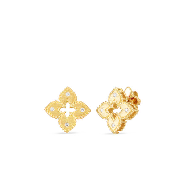 18K YELLOW GOLD PETITE VENETIAN PRINCESS EXTRA SMALL SATIN & DIAMOND ACCENT FLOWER EARRINGS Carats Mcallen, TX