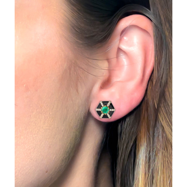 QUEEN HEXAGON EMERALD AND DIAMOND STUD WITH BLACK ENAMEL IN 18K YELLOW GOLD Image 2 Carats Mcallen, TX