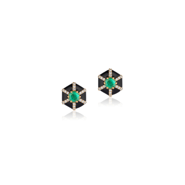 QUEEN HEXAGON EMERALD AND DIAMOND STUD WITH BLACK ENAMEL IN 18K YELLOW GOLD Carats Mcallen, TX