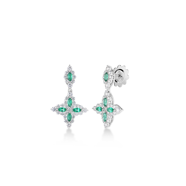 18K WHITE GOLD DIAMOND PRINCESS EMERALD FLOWER DROP EARRINGS Carats Mcallen, TX