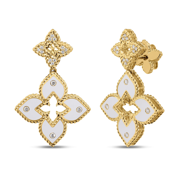 ROBERTO COIN 18K YELLOW GOLD DIAMOND AND WHITE ENAMEL VENETIAN PRINCESS EARRINGS Carats Mcallen, TX