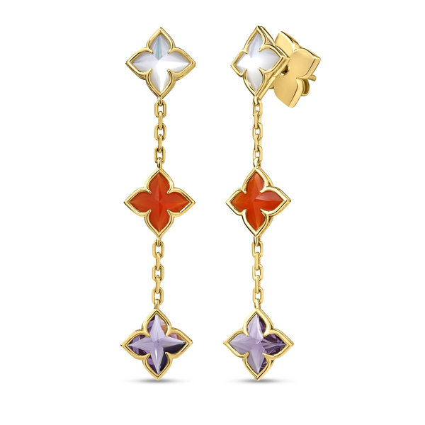 18K YELLOW GOLD VENETIAN PRINCESS CARNIVAL MIXED STONES (AMETHYST, MOTHER OF PEARL, & RED AGATE) FLOWER DANGLE EARRINGS Carats Mcallen, TX