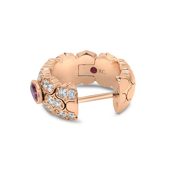 18K ROSE GOLD COBRA NARROW PAVE DIAMOND AND RUBELLITE HOOP EARRINGS Image 3 Carats Mcallen, TX